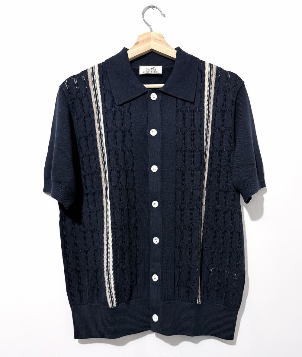 Hermes Mens Button Down Polo Shirt M Linen Wool Blend Navy Short Sleeve NWOT